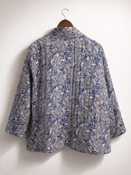 Quilted Floral Open-Front Jacket - Blue/Cream - Picture 2 of 6